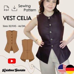 Könnte beinhalten: Ein Schnittmuster für eine braune Weste namens "VEST CELIA". Das Schnittmuster umfasst die Größen 32/XXS bis 46/3XL. Das Schnittmuster ist als PDF-Download verfügbar. Das Bild zeigt auch eine Frau, die eine schwarze Version der Weste trägt.
