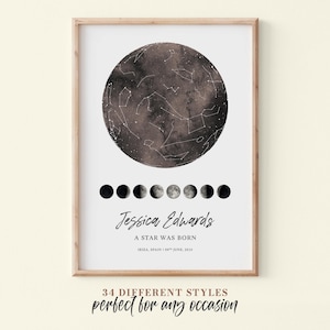 Impression personnalisée de carte des étoiles, cadeau d'anniversaire de notre rencontre, ciel nocturne phases de la lune, affiche étoiles au-dessus de la carte, cadeau constellation de mariage #027