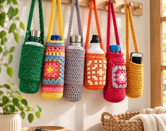 Water Bottle Holder Crochet Pattern, Bottle Bag with Phone Pocket PDF, Granny Square Sling Carrier, Walking Dog Hiking Bag, DIY Tutorial