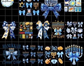 Coquette Hanukkah Bows PNG Bundle, Jewish Holiday (Digital Download)