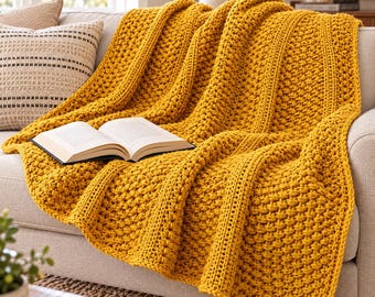 Crochet Blanket Pattern, Textured Afghan Throw PDF Tutorial, Cozy Mustard Bedspread, Farmhouse Living Room Decor, DIY Pattern Download
