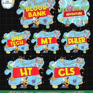 Puede incluir: Un conjunto de gráficos digitales coloridos con temática científica. Cada gráfico presenta un diseño único con texto como "Blood Bank", "Lab Tech" y "CLS". Las ilustraciones incluyen microscopios, tubos de ensayo y cohetes, todo sobre un fondo azul.