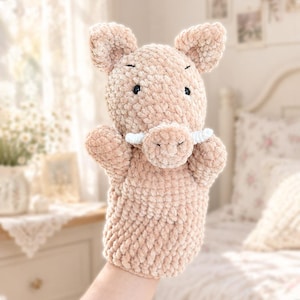 Boar Hand Puppet Crochet Pattern, Cute Amigurumi Pig PDF Tutorial, Chenille Plush Animal Puppet, Storytime Toddler Toy, DIY Pattern Download