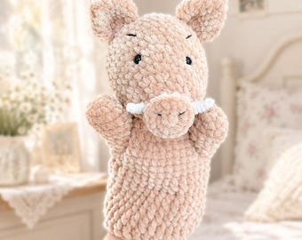 Boar Hand Puppet Crochet Pattern, Cute Amigurumi Pig PDF Tutorial, Chenille Plush Animal Puppet, Storytime Toddler Toy, DIY Pattern Download