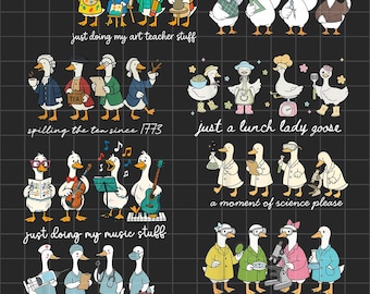 Silly Goose School Staff Bundle PNG, Cute Geese Clipart, Art Math Science History Music Teacher Shirt Design, Lunch Lady Nurse Appreciation