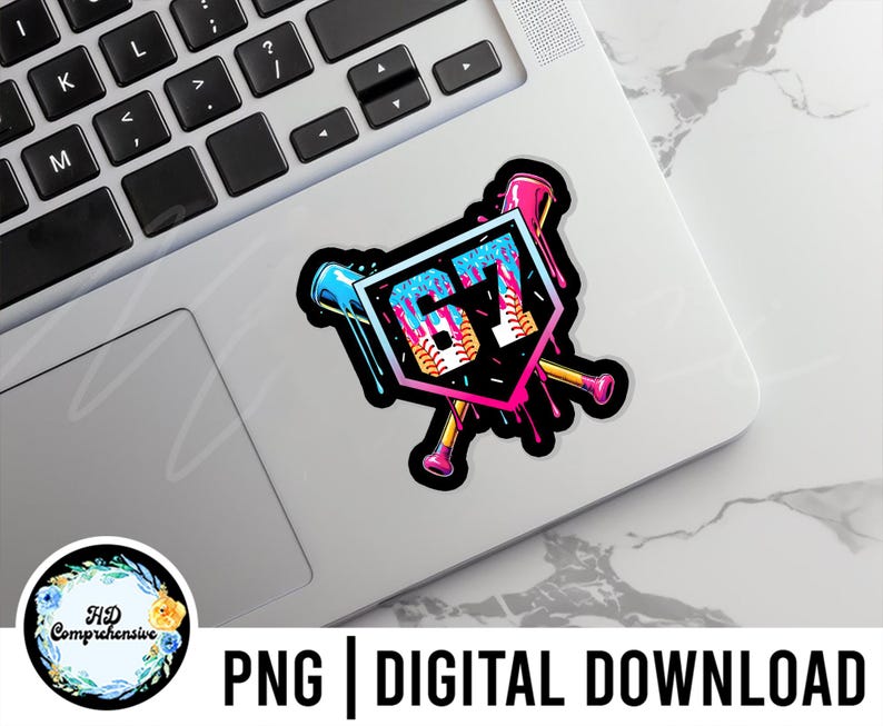 May include: A colorful baseball-themed sticker with the text "67" inside a shield, crossed bats, and dripping paint effects. The sticker is on a laptop. The words "PNG | DIGITAL DOWNLOAD" are at the bottom.