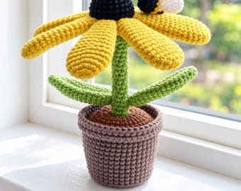 Black Eyed Susan Crochet Pattern, Potted Flower with Bee PDF, Coneflower Plant Tutorial, Desk Decor Amigurumi, Floral DIY Pattern Download