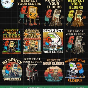 May include: A collection of digital art designs featuring retro video game consoles and controllers with the text "Respect Your Elders." The designs include various consoles in wheelchairs, walkers, and other mobility aids, with a vintage aesthetic.