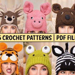 May include: A collection of 15 crochet patterns in a PDF file featuring animal-themed hats including a deer, pig, bear, tiger, frog, and zebra. Each hat is crafted with yarn, showcasing distinct animal features like ears, antlers, and snouts.