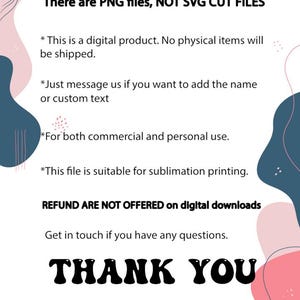 Puede incluir: Fondo blanco con formas abstractas rosas y azules. El texto dice "There are PNG files, NOT SVG CUT FILES" y "THANK YOU" en una fuente audaz y retro. Texto adicional proporciona detalles sobre el producto digital.