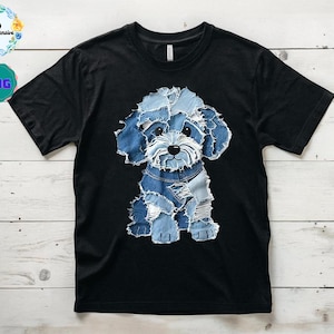 Puede incluir: Camiseta negra con un diseño de perro hecho con parches de mezclilla. El perro tiene una cara blanca, orejas de mezclilla azul y un cuerpo de mezclilla. La camiseta es de cuello redondo y tiene mangas cortas. El diseño está centrado.