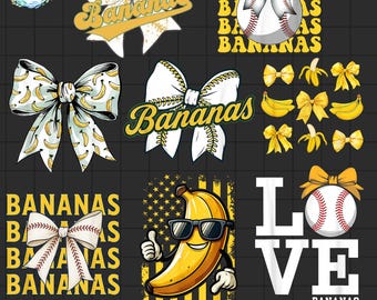 Paquete de imágenes PNG de lazos coquetos de béisbol y plátanos (descarga digital)
