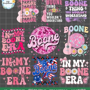 May include: A digital design featuring multiple graphics with the word "Boone" in various styles. Designs include guitars, disco balls, floral elements, and text that reads "In My Boone Era." The designs are in pink, white, and blue.