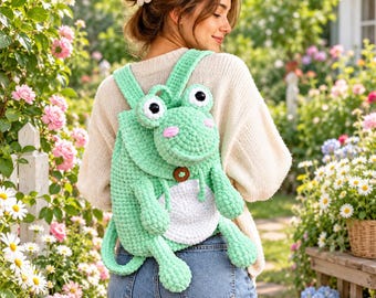 Frog Backpack Crochet Pattern, Plush Velvet Frog Bag PDF, Cute Animal Rucksack Tutorial, Kawaii Froggy Daypack, DIY Gift PDF Download