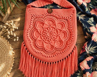 Boho Fringe Bag Crochet Pattern, Coral Mandala Handbag PDF, Summer Holiday Shoulder Bag, Festival Tassel Purse, UK Pattern Download