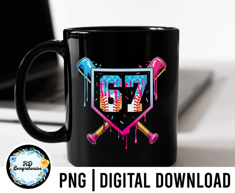 May include: Black ceramic mug featuring a baseball-themed design. The design includes a baseball, crossed bats, and the number 67 in a colorful, dripping style. The mug also has the text "PNG | DIGITAL DOWNLOAD".