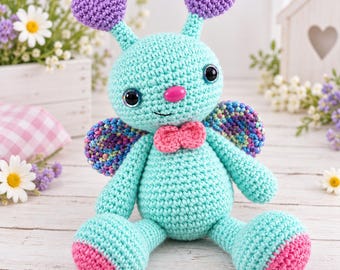 Crochet Butterfly Pattern, Cute Amigurumi Insect PDF Tutorial, Blue Plushie with Heart Antenna, Nursery Stuffed Toy, DIY Pattern Download
