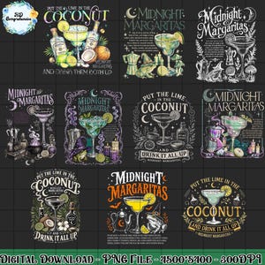 Puede incluir: Una colección digital de once diseños gráficos con temas de cócteles y textos como Put the Lime in the Coconut y Midnight Margaritas. Las ilustraciones incluyen margaritas, botellas de tequila, limas, cocos, ranas con sombreros y cafeteras en varias paletas de colores sobre un fondo oscuro.