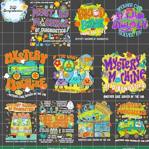 Op de afbeelding: Tien kleurrijke digitale ontwerpen met een cartoon-laboratoriumthema. De ontwerpen omvatten een labjas, bekers, reageerbuizen en een busje met de tekst "Mystery Machine of Diagnostics". De ontwerpen zijn in een retro-stijl uit de jaren 70 met felle kleuren en psychedelische patronen.
