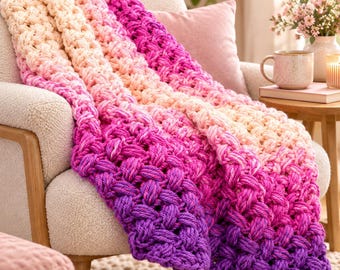 Zig Zag Blanket Crochet Pattern, Chunky Ripple Throw PDF Tutorial, Pink Ombre Afghan Bedspread, Cozy Living Room Decor, DIY Pattern Download