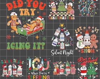 May include: A collection of Christmas-themed digital designs featuring gingerbread people, medical supplies, and festive text. Designs include phrases like "Did You Try Icing It?" and "Silent Night." The designs are in PNG format.