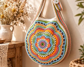 Flower Bag Crochet Pattern, Boho Mandala Tote Bag PDF Tutorial, Colorful Circle Shoulder Bag Pattern, Summer Beach Purse DIY PDF Download