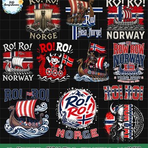 May include: A collection of ten digital graphic designs featuring Viking ships, Norwegian flags, and the text Ro! Ro! Norge or Norway. The illustrations include stylized longships, a cartoon Viking, and a bearded warrior on a dark background.