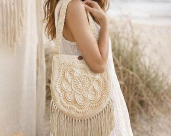 Boho Fringe Bag Crochet Pattern, Mandala Shoulder Purse PDF, Summer Beach Crossbody Tutorial, Hippie Tassel Bag, DIY Pattern Download