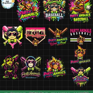 May include: A selection of bright digital designs showcasing cartoon monkeys with sunglasses and bow ties. The designs incorporate the text "Party Animals" and "Baseball" in diverse, lively fonts. The image also includes the text "10+ DESIGNS - PNG FILE - 4500*5400 - 300DPI".