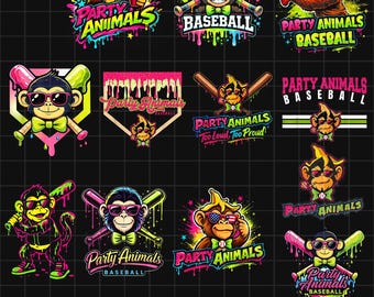 Monkey Animal Party Dripped Ice Cream Bananas Baseball Coquette Bow PNG Bundle (Digital Download)