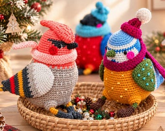 Crochet Winter Birds Pattern, Cute Bird with Scarf and Hat PDF, Christmas Amigurumi Animal, Holiday Tree Decor, Easy DIY Pattern Download