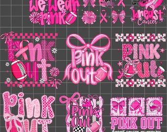 May include: A collection of pink designs for breast cancer awareness, featuring footballs, helmets, bows, and the phrases "In October We Wear Pink" and "Pink Out". The designs are in a PNG file format.