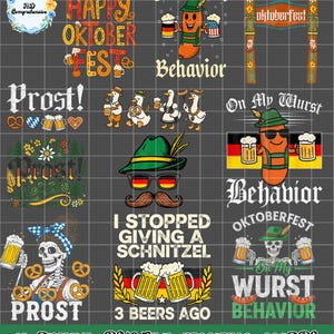May include: A collection of Oktoberfest-themed digital designs. The images include text like "Happy Oktoberfest", "Prost!", and "On My Wurst Behavior". Other graphics include beer steins, pretzels, and a cartoon sausage character.
