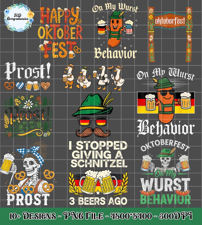May include: A collection of Oktoberfest-themed digital designs. The images include text like "Happy Oktoberfest", "Prost!", and "On My Wurst Behavior". Other graphics include beer steins, pretzels, and a cartoon sausage character.