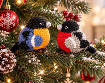 Crochet Bird Pattern, Winter Robin and Titmouse PDF Tutorial, Christmas Tree Ornament Amigurumi, Cute Bird Plushie, DIY Pattern Download