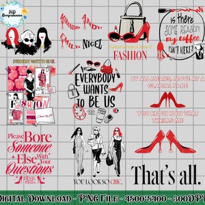 May include: A digital download graphic with fashion illustrations. Includes text such as "Fashion", "Everybody Wants to Be Us", and "You Look So Chic". Features red high heels, handbags, and lipstick.