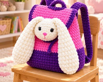 Bunny Backpack Crochet Pattern, Plush Velvet Kids Rucksack PDF, Cute Animal Bag Pattern, Easter Toddler Daypack, DIY Girl Gift Download