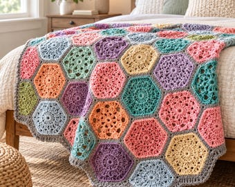 Hexagon Blanket Crochet Pattern, Granny Square Throw PDF Tutorial, Colorful Afghan Bedspread Pattern, Boho Home Decor, DIY Pattern PDF