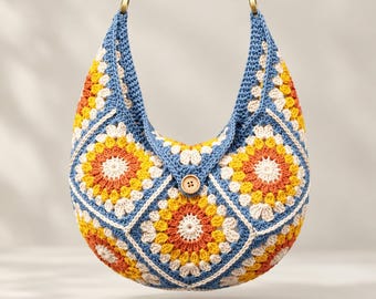 Granny Square Bag Crochet Pattern, Boho Sunflower Hobo Shoulder Bag PDF, Retro Floral Tote Purse Tutorial, Easy DIY Digital Pattern