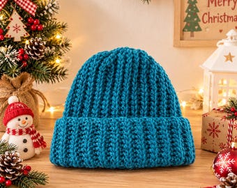 Chunky Knit Beanie Hat, Cozy Ribbed Winter Beanie, Warm Unisex Knitted Hat, Teal Blue Cuffed Beanie, Christmas Gift for Him Her