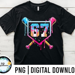 May include: Black t-shirt featuring a colorful baseball-themed graphic. The design includes a baseball, the number 67, and crossed baseball bats. The graphic has a dripping paint effect with pink, blue, and yellow accents. Text at the bottom reads "PNG | DIGITAL DOWNLOAD".