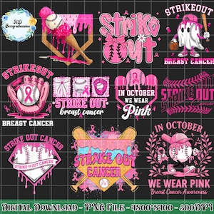Puede incluir: Un gráfico de descarga digital con varios diseños rosas con temática de béisbol. Los diseños incluyen pelotas de béisbol, bates y las palabras "Strike Out Cancer" e "In October We Wear Pink" para crear conciencia sobre el cáncer de mama.