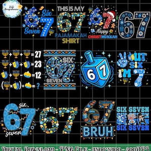 Könnte beinhalten: Ein digitaler Download-Grafik mit verschiedenen Designs mit den Zahlen 6 und 7, mit Text wie "Six Seven", "Happy Christmukkah" und "This is my Pajamakah Shirt". Die Designs beinhalten Menora und Dreidel.