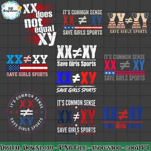 Puede incluir: Una colección de diseños gráficos digitales que presentan el texto XX does not equal XY y Save Girls Sports. Los diseños incorporan esquemas de color rojo, blanco y azul, patrones de bandera estadounidense y varios diseños tipográficos sobre un fondo de cuadrícula oscuro.