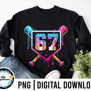 May include: Black sweatshirt featuring a baseball-themed graphic with the number 67 in a colorful, dripping design. Two crossed baseball bats and a baseball complete the design. The words "PNG | DIGITAL DOWNLOAD" are printed below the sweatshirt.
