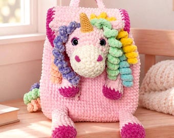 Unicorn Backpack Crochet Pattern, Velvet Rainbow Bag PDF Tutorial, Plush Animal Rucksack, Toddler Daypack, DIY Girls Gift PDF Download