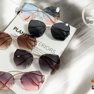 Octagonal Gradient Sunglasses | Luxury Rimless Sun Shades | Metal-Curved Design Glasses | Unique Fashion Eyewear | Trendy Chic Accessory
