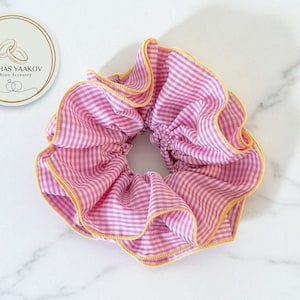 Gingham Ruffle Scrunchie | Colorful Plaid Ponytail Holder | Stretchy Fabric Hair Tie | Chic Fashion Accessory | Daily Styling Piece