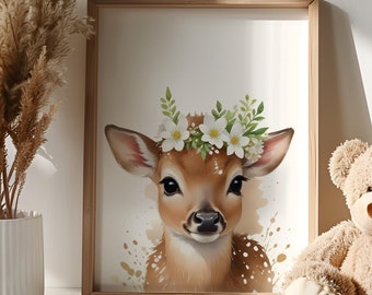 Stampa per cameretta con animaletto "Cerviolino" / Corona di fiori "Cerviolino" / Graziosa stampa da parete / Decorazione per cameretta con animali / Stampa acquerello / DOWNLOAD DIGITALE