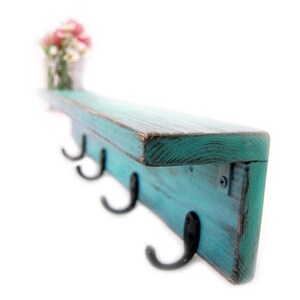 Handmade Wood Shelf with Vase Key Hooks AQUA